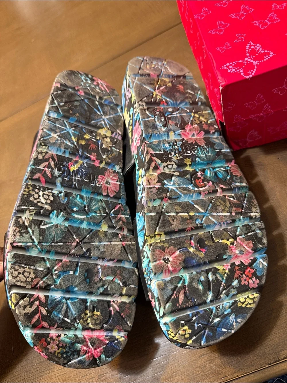 Alegria Kids Black Slide Sandals with Multicolor Floral Platform